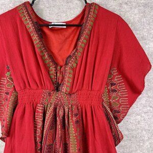 Lapogee Red Boho Dress Women’s Large African Print Caftan V-Neck Tunic Festival